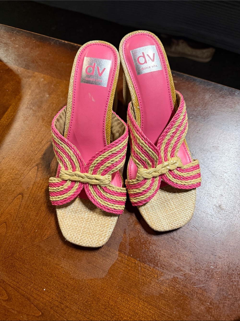 Dolce Vita Pink and Natural Braided Rope Slide Mules